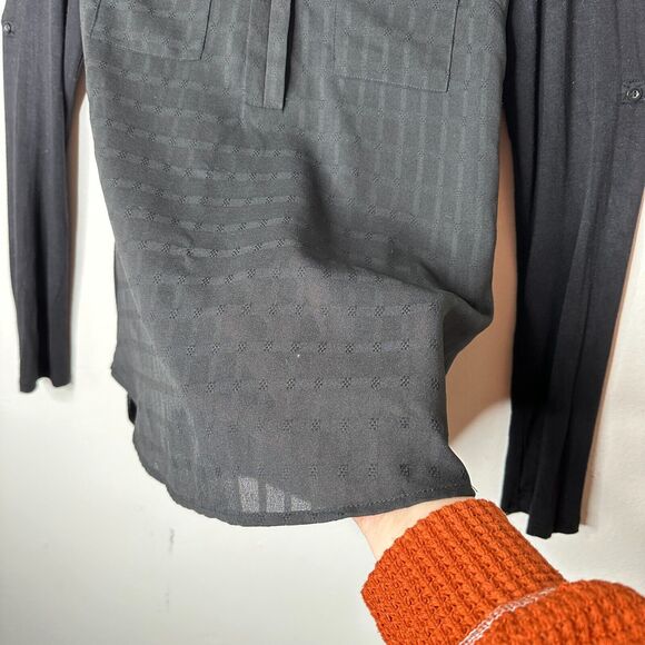 Skies Are Blue Black Stripe Stretch Front Pockets Long Sleeve Collar Blouse XS - Picture 6 of 12